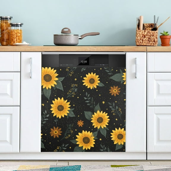 Dishwasher Sticker Dishwasher Cover Magnet Refrigerator Home Decorative Art Kitchen Panel Decal Yellow Sunflower Pattern 23x26 Inch
