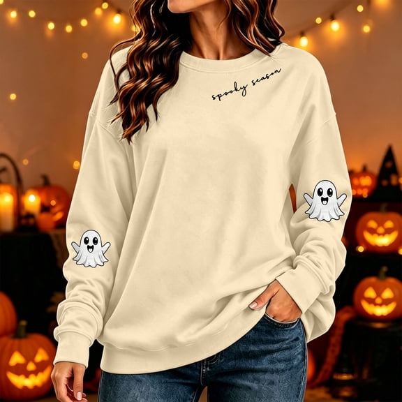 Womens Oversized Sweatshirts Spooky Season Cute Ghost Sleeve Graphic Vintage Y2K Crew Neck Streetwear Pullover Tops Fall Winter Clothes Beige L