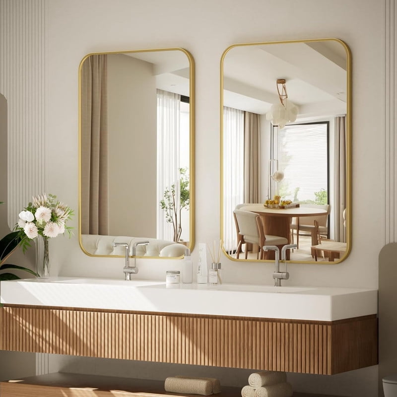 Clarvion 26"x38" Rounded Edge Rectangle Bathroom Mirror Wall Mounted Vanity Mirror,Gold