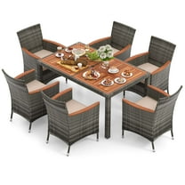 Gymax 7 PCS Patio Wicker Dining Set w/ Acacia Wood Table & 6 Armchairs