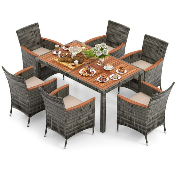 Gymax 7 PCS Patio Wicker Dining Set w/ Acacia Wood Table & 6 Armchairs