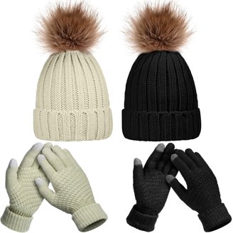 2Sets Womens Satin Lined Beanie Hat Gloves Set Knit Slouchy  display picture 1