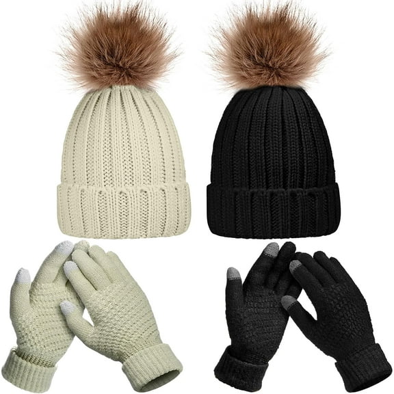 4 Pieces Women Winter Knitted Beanie Hat Glove Set Skull Cap Touchscreen Gloves