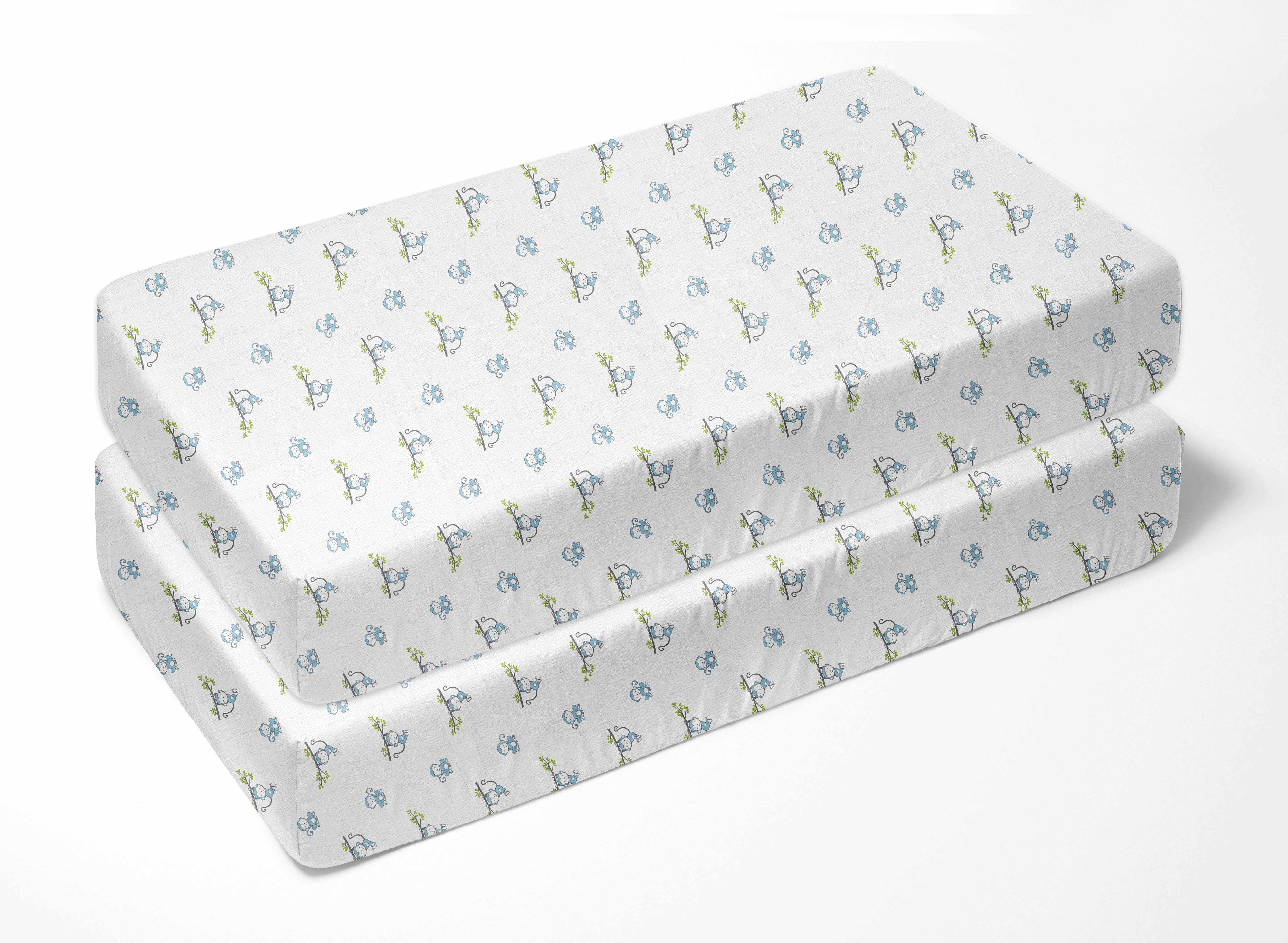 Bacati - Happy Monkeys Crib/Toddler Bed Fitted Sheets 100% Cotton Muslin 2 Pack, Blue