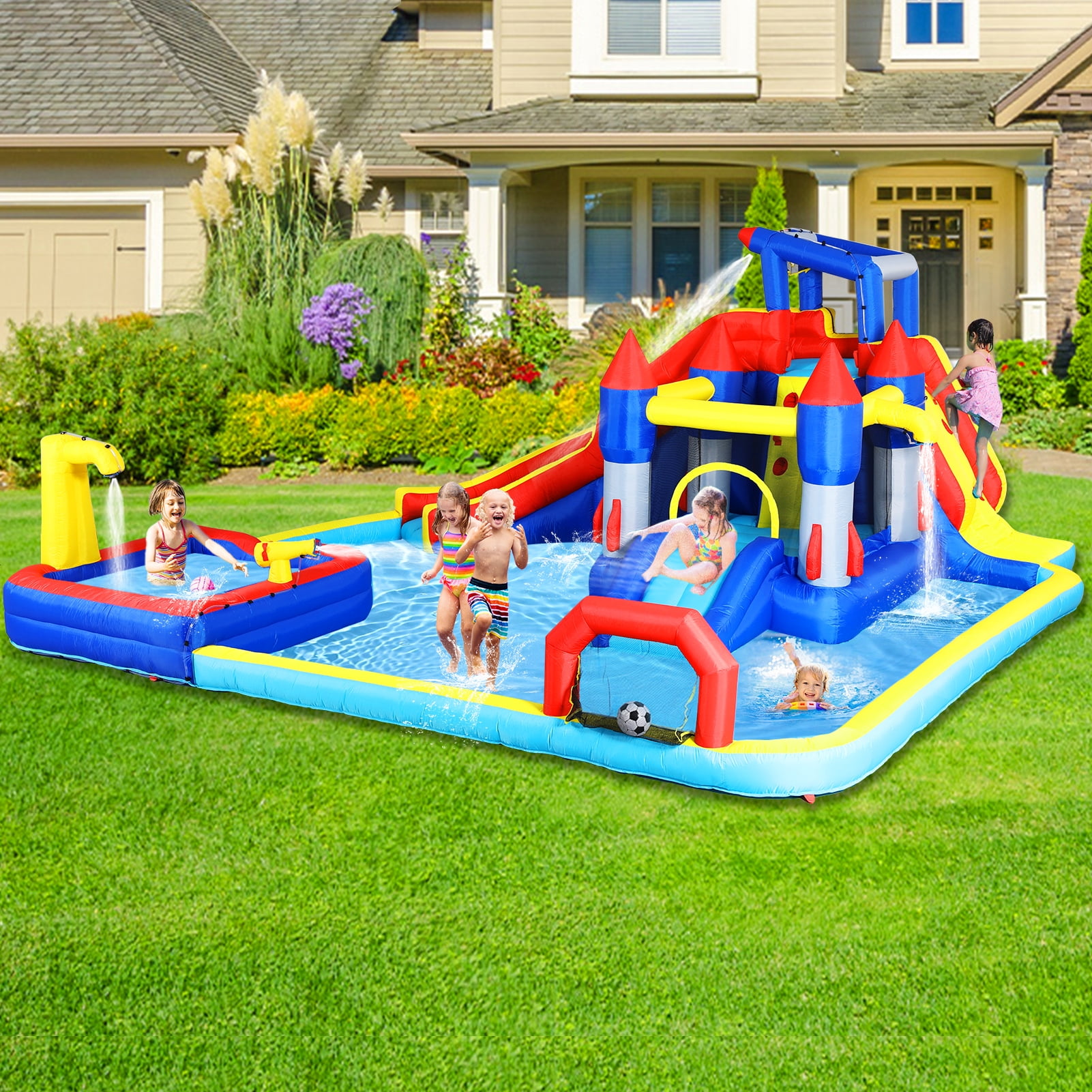 Noaman 10-in-1 Inflatable Water Slide Park Bouncy Castle with Splash Pool, Water Gun, Basketball, Climbing Wall & Dual Pools for Kids Outdoor Fun - 17.9in x 17.7in x 33.4in