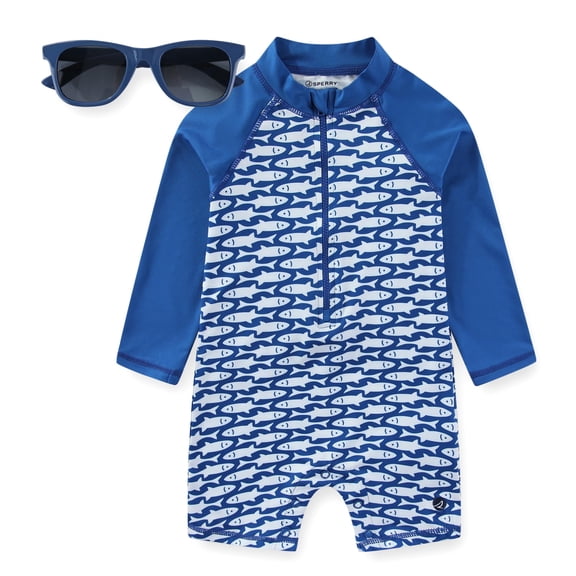 Sperry UPF 50 Rash Guard One Piece Swimsuit Bathing Suit with Sunglasses (Baby Boys), 2 Piece Swimwear Set, Sizes 12M-24M
