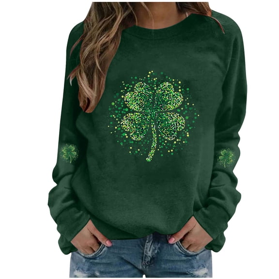St Patricks Day Sweatshirt Women Shamrock Print Long Sleeve Shirt Casual Crewneck Sweatshirts Cute Pullover Green Tops for Women Going Out