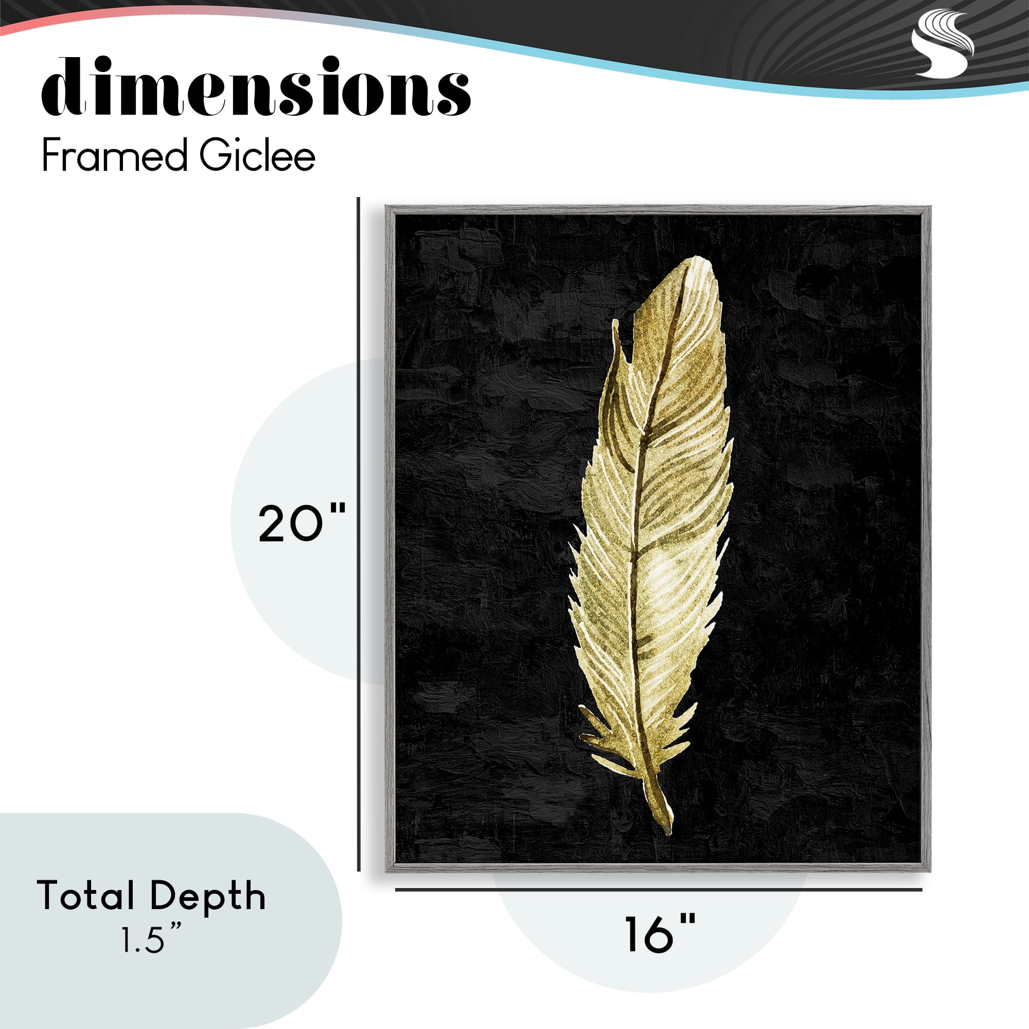 Curved Feather on Black Gray Framed Giclee Art, design by Kim Allen