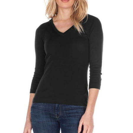 - Women's Three Dots AA4V003 1x1 Deep V-Neck 3/4 Sleeve Tee