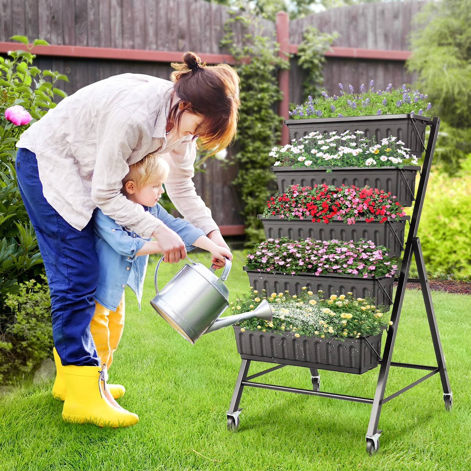 Funcid 4 ft Vertical Garden with Removable Locking Wheels 5-Tier Raised Garden Bed Planter Box for Patio Balcony Flower Herb Freestanding Garden Planter - 30"×26"×48"