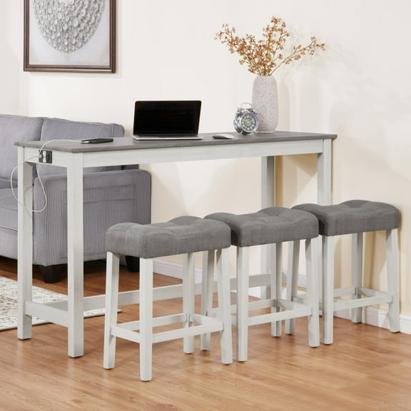 4-Piece Bar Table Set with USB Port, Dining Bar Table Set with 3 Upholstered Stools, Dining Table and Chairs Set for Living Room, Dining Room, Game Room, White & Grey