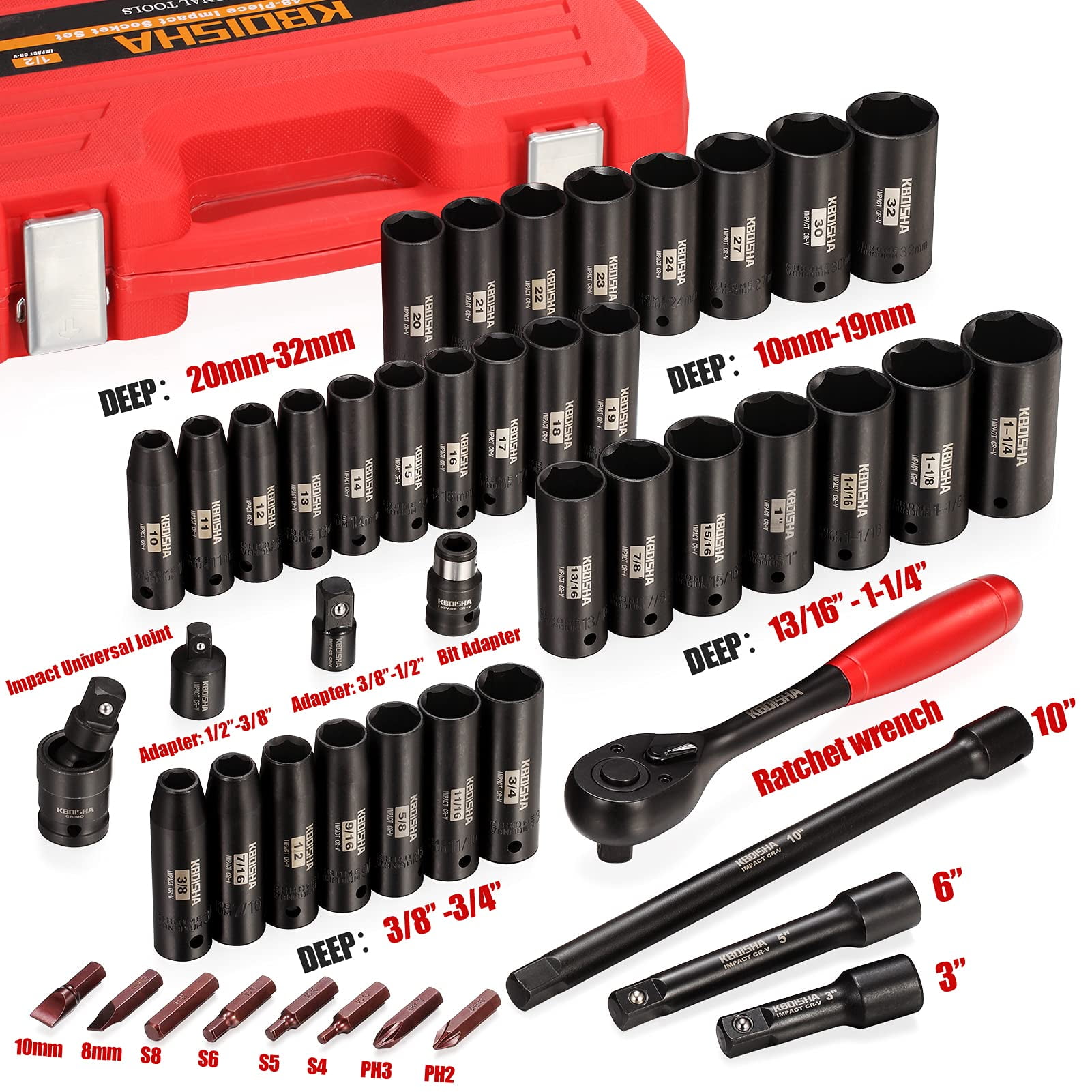 KBOISHA 1/2" Drive Impact Socket Set,48-Piece 6 Point Deep Socket Set Standard SAE and Metric CR-V Steel Sockets with Bit Adapter & Ratchet Handle