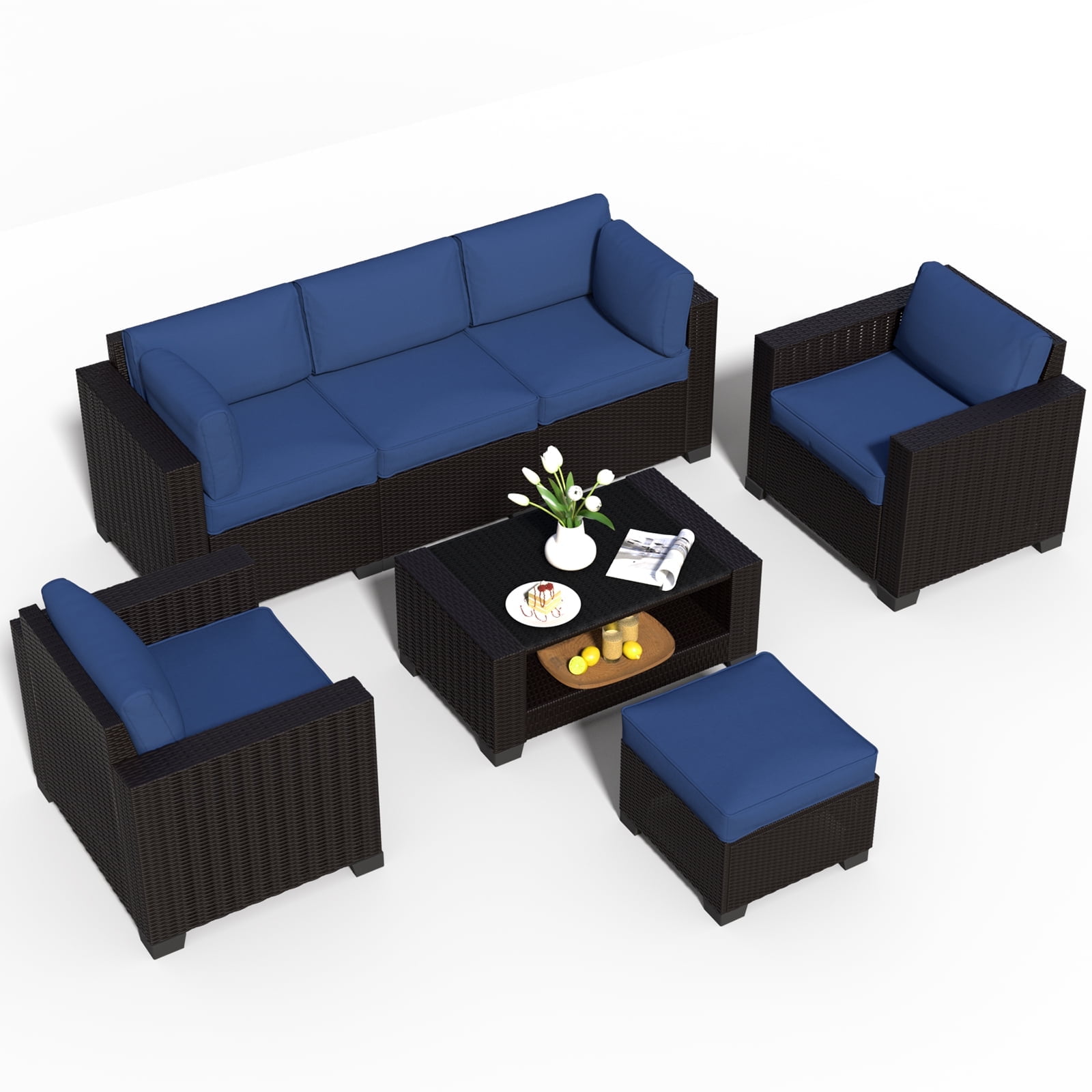 SHGJ&SOFT 7 Piece Patio Furniture Set, Wicker Outdoor Sectional Sofa with Washable Cushion Covers and Tempered Glass Table, Rattan Conversation Set for Poolside, Lawn, Balcony