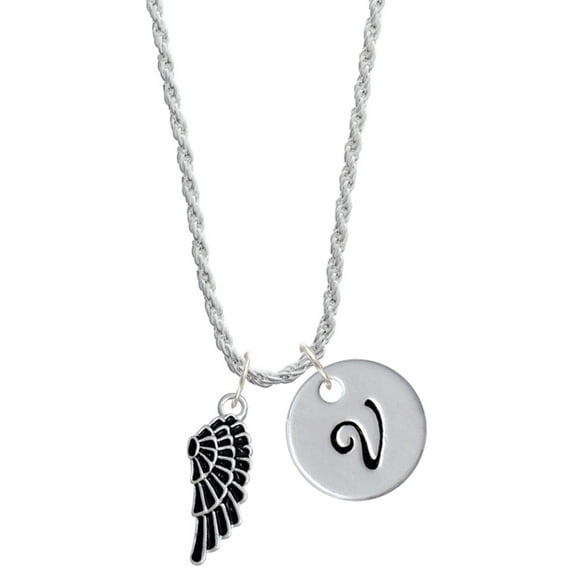 Delight Jewelry Silvertone Medium Black Enamel Angel Wing Silvertone Script Initial Disc - V - Charm Necklace, 20"+3"