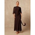 thumbnail image 6 of Womens Brown Boat Neck Flowy Mesh Long Sleeve Cinched Ribbon Maxi Dress, 6 of 8