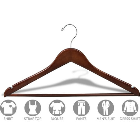 Wood Suit Hanger w/ Solid Wood Bar, Box of 100 Space Saving 17 Inch Flat Wooden Hangers w/ Walnut Finish & Chrome Swivel Hook & Notches for Shirt Dress or Pants by International