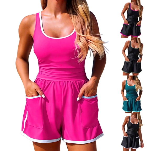 felwors Women's Athletic Quick-Dry One-Piece Swimsuit - Tank Style With Side Pockets Slim-Fit Swim & Beach Wear(Black, L)