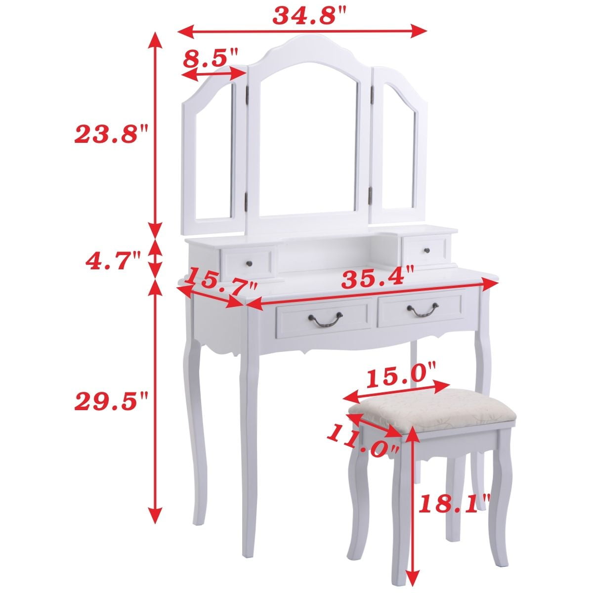 Tri Folding Mirror White Wood Vanity Set Makeup Bathroom Table Tri Folding Mirror White Wood Vanity Set Makeup Bathroom Table Dresser 4 Drawers Stool