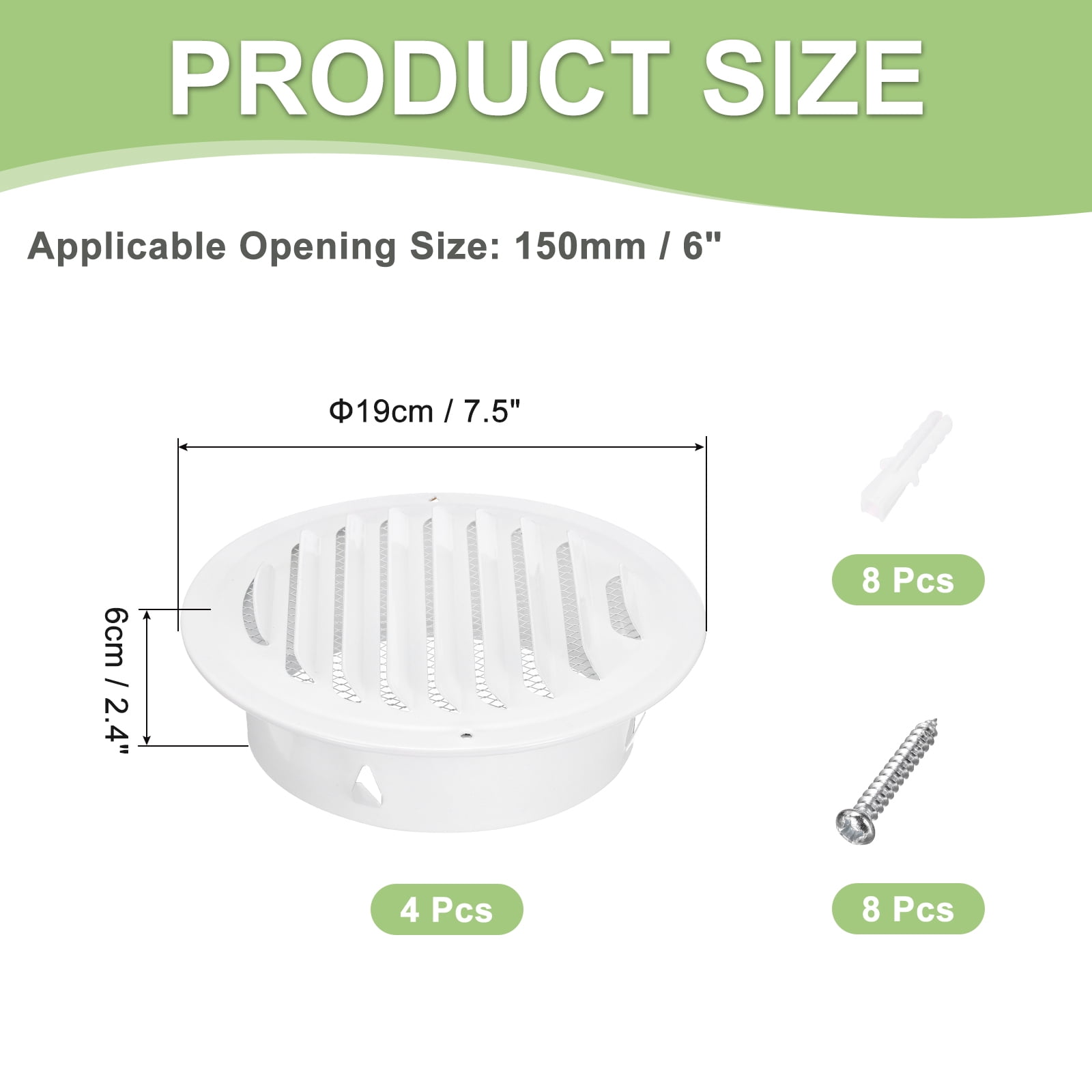 Uxcell 6 Inch Round Soffit Vent, 4Pcs Stainless Steel Wall Vent Grille Cover Exterior Exhaust Louvered Vent, White