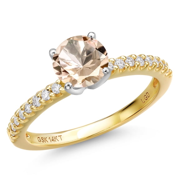 Gem Stone King 14K Two Tone Gold Peach Morganite and Lab Grown Diamond Engagement Ring for Women | 0.56 Cttw | Round 5MM | Gemstone October Birthstone | Size 6