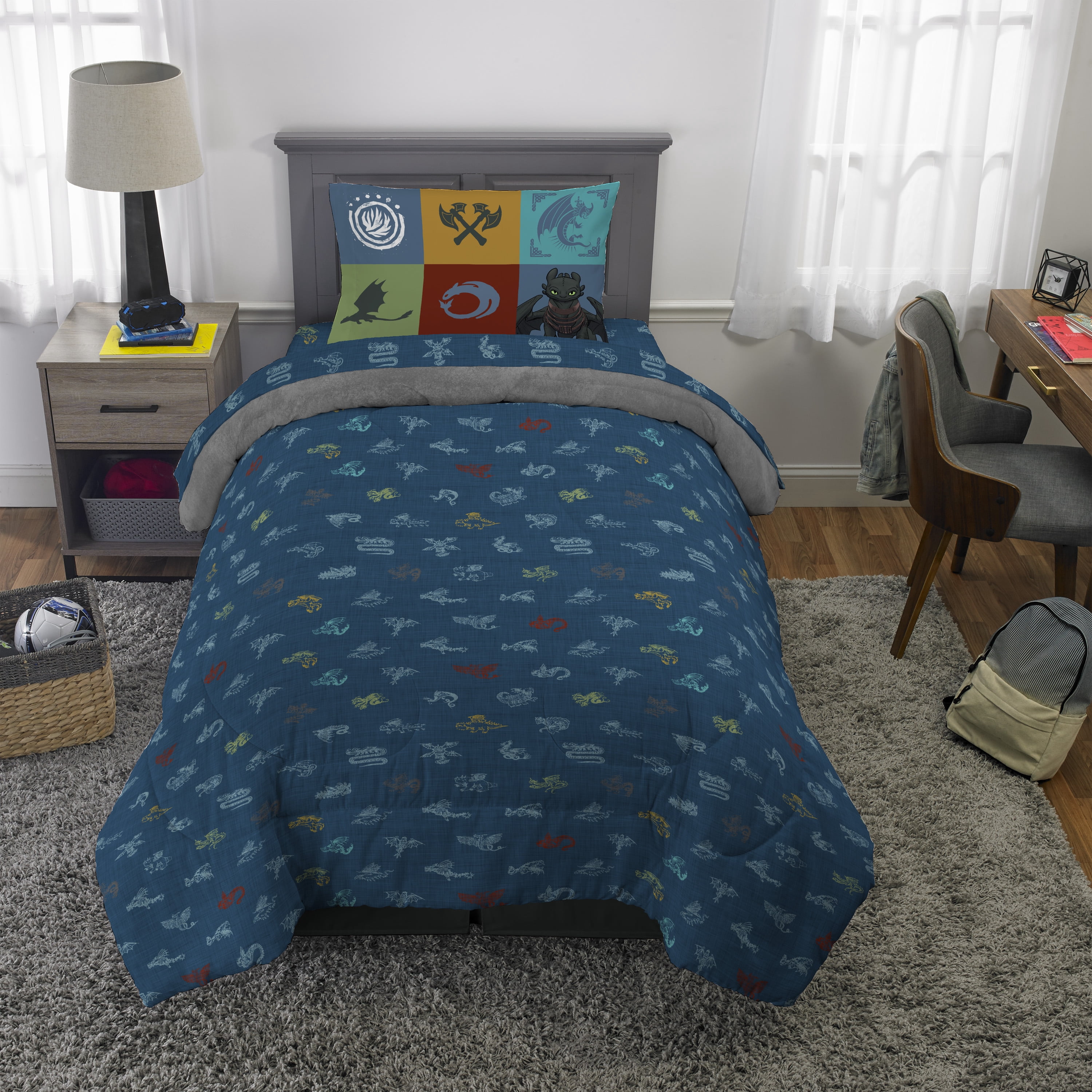 How to Train Your Dragon Kids Twin Bed in a Bag, 4-Piece Bedding Set, Comforter and Sheets