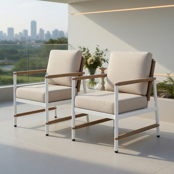 2-Pack Modern Outdoor Aluminum Patio Sofa Set with PE Wicker Backrest, Grey White Brown Color, Includes Cushions – Lightweight Rust-Resistant Garden Seating for Balcony, Poolside & Backyard