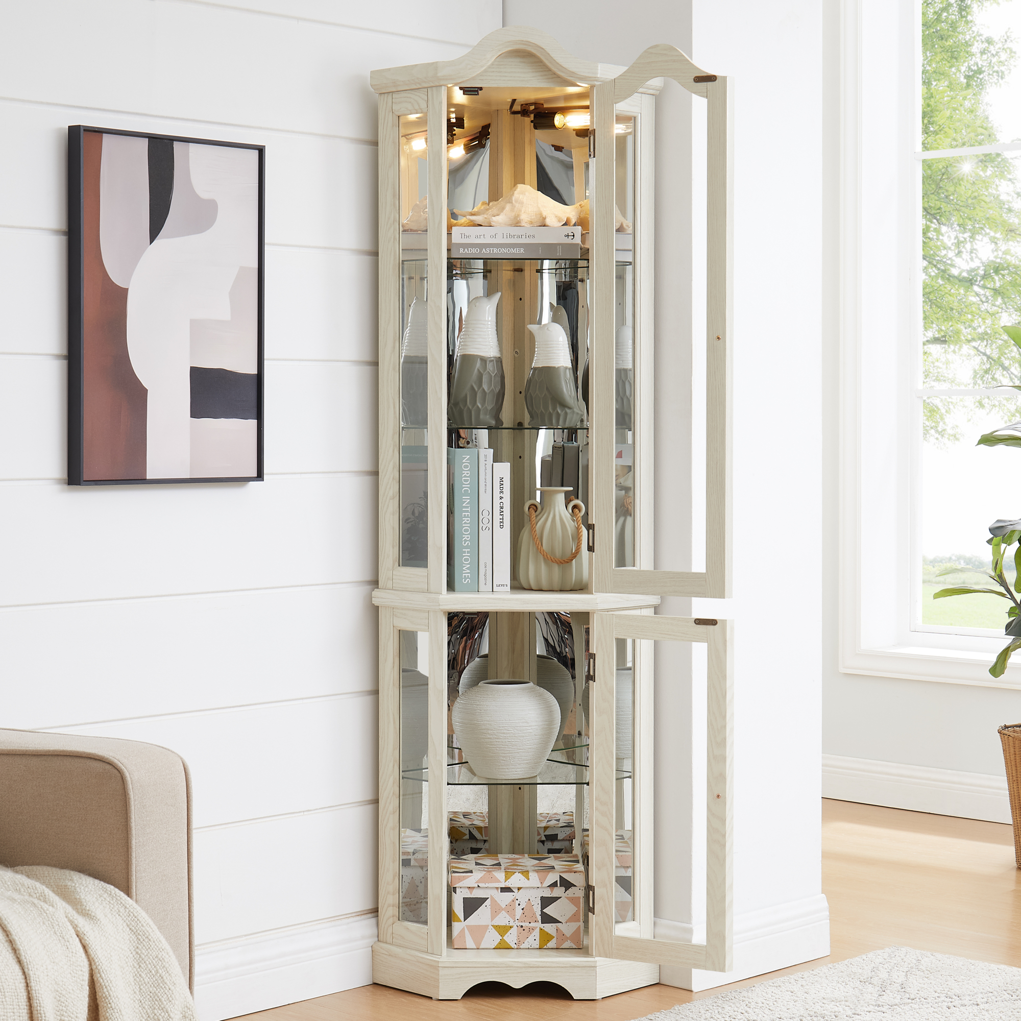 Leumius Curio Cabinet Lighted Glass Display Curio Cabinet with Tempered Glass Doors and Shelves, Crown Corner Cabinet with Bulb, Corner Storage Decoration for Living Room and Bedroom White