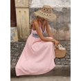 thumbnail image 3 of Pink Womens Backless Geometric Embroidered Maxi Vacation Dress With V-Neck And Waist Band, 3 of 6