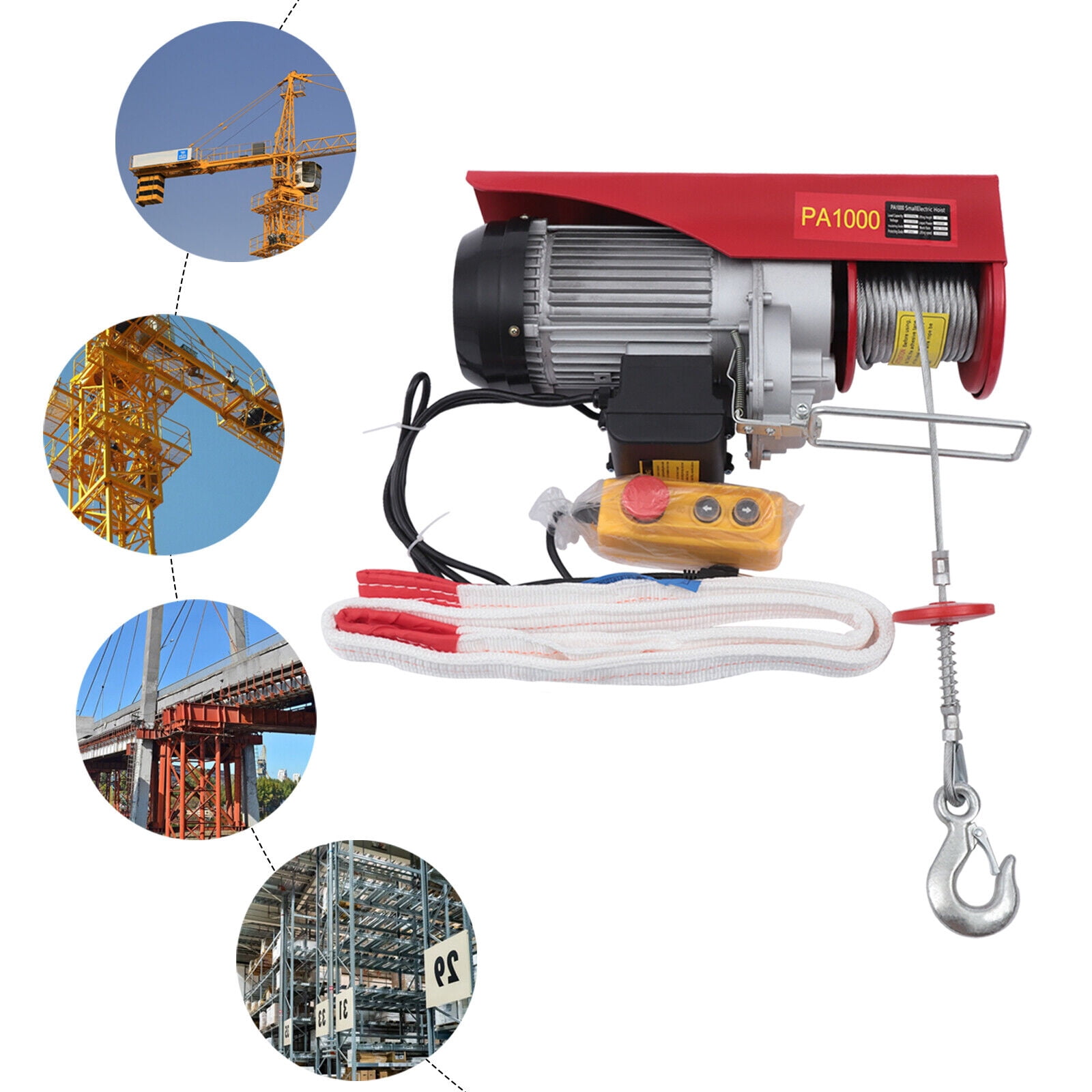 PA1000kg 2200LB Electric Wire Hoist Winch Hoist Crane Lift w/Remote Control 110V PA1000 Electric Wire Hoist Winch Engine Crane Lift Sling Strap 2200 Lbs w/Remote
