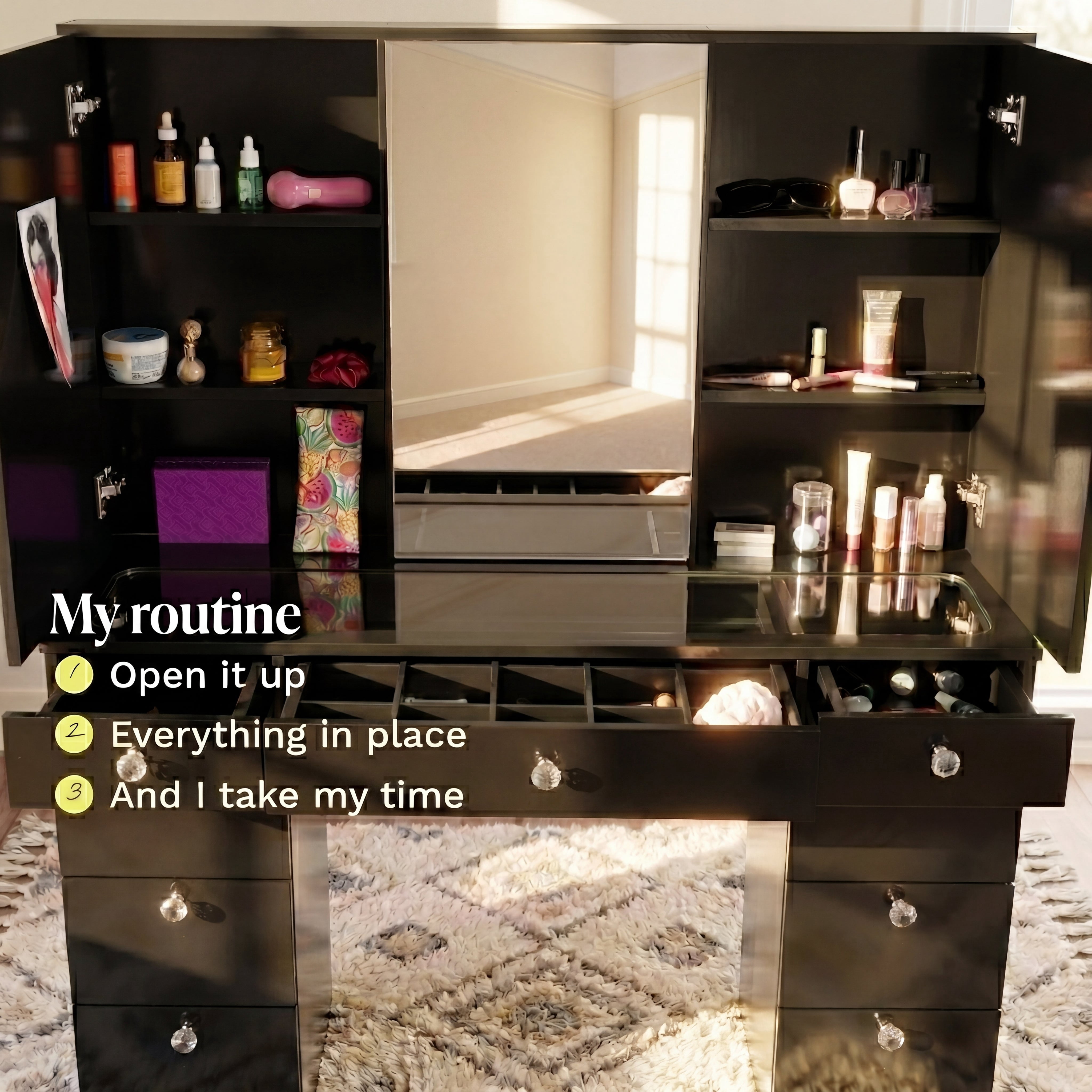 Ember Interiors Pro Black Makeup Vanity Desk with Glass Top, 10 Bulb Light Mirror, and Storage Cabinets