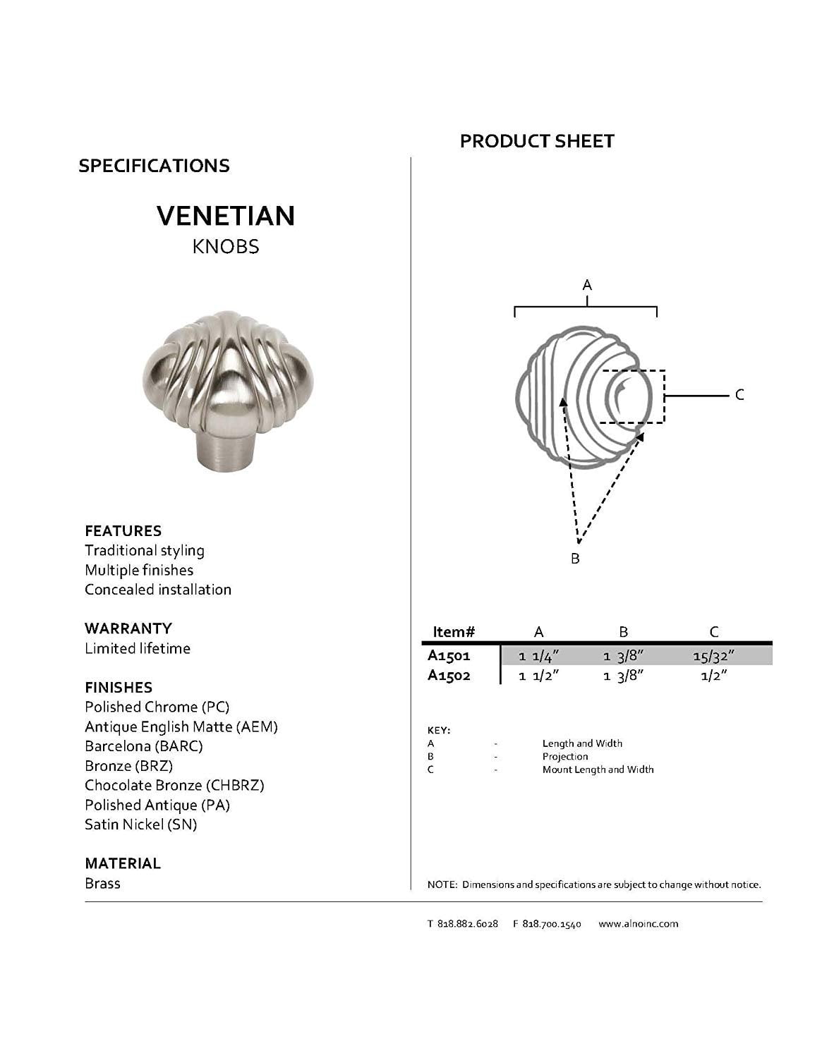 Alno A1502-BARC Venetian 1-1/2" Cabinet Knob Barcelona