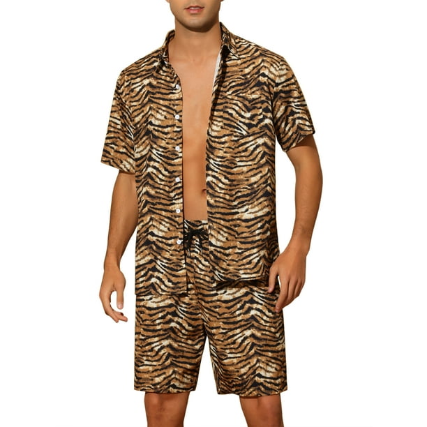 Camisas impresas de animales INSPIRE CHIC para hombres, conjunto hawaiano de 2 piezas, atuendo de verano XL amarillo
