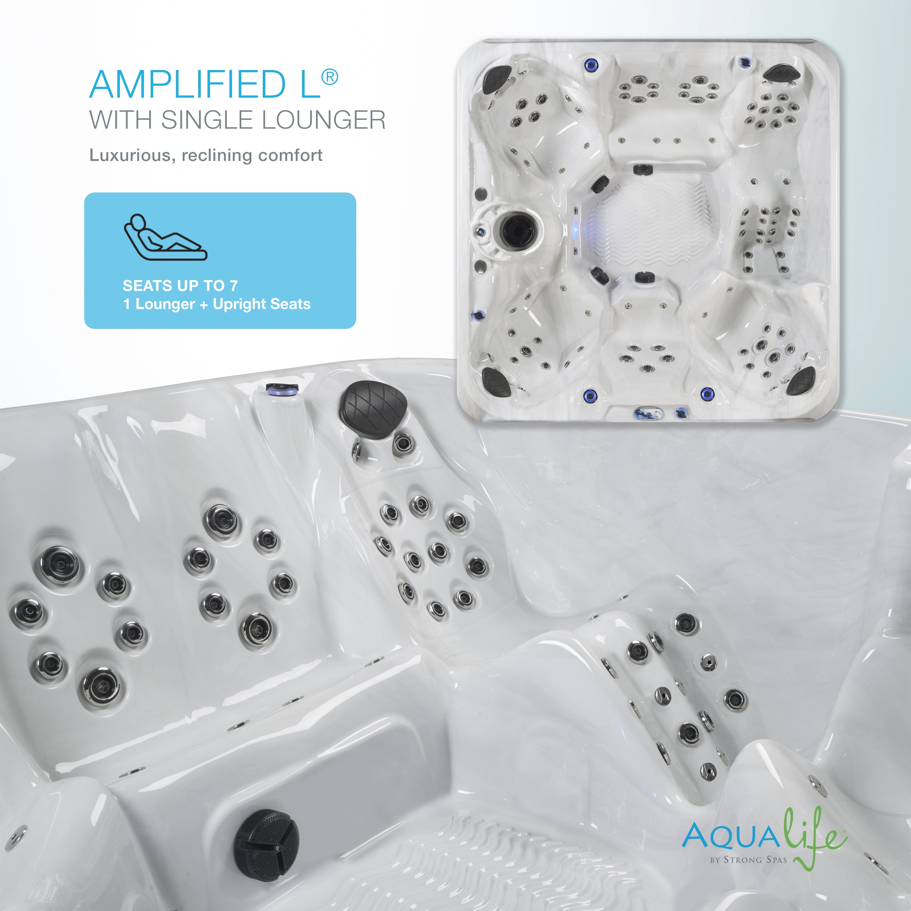 Amplified 100-Jets 7-Person Lounger Spa w/Bluetooth Stereo and 3 Pumps by Aqualife by Strong Spas
