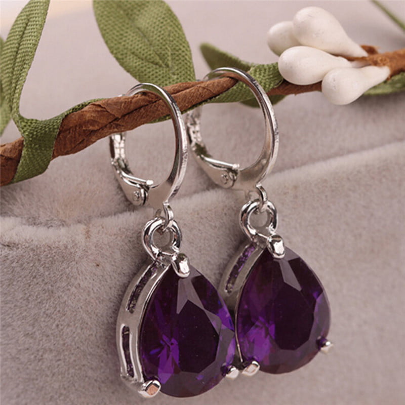 Women Silver Plated Amethyst Sapphire Jewelry Droop Stud Hoop Earrings Gift ZYUK 
