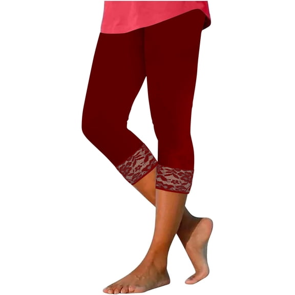 Neewe Women's Patchlace Trim Leggings 3/4 Length Capri Stretchy High Waist Yoga Capri Lightweight Tights Leggings