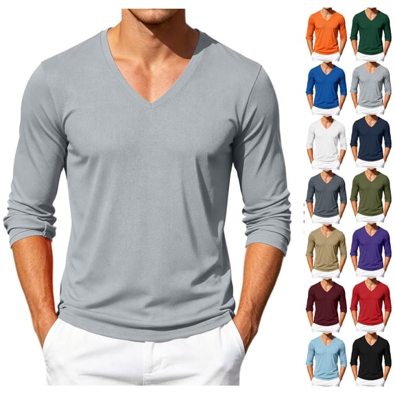 XRoczxe Men V Neck Mesh Long Sleeve T-Shirt, Breathable Waffle Knit Pullover Top, Slim Fit Solid Color Casual Base Layer Shirt For Daily Wear Gray