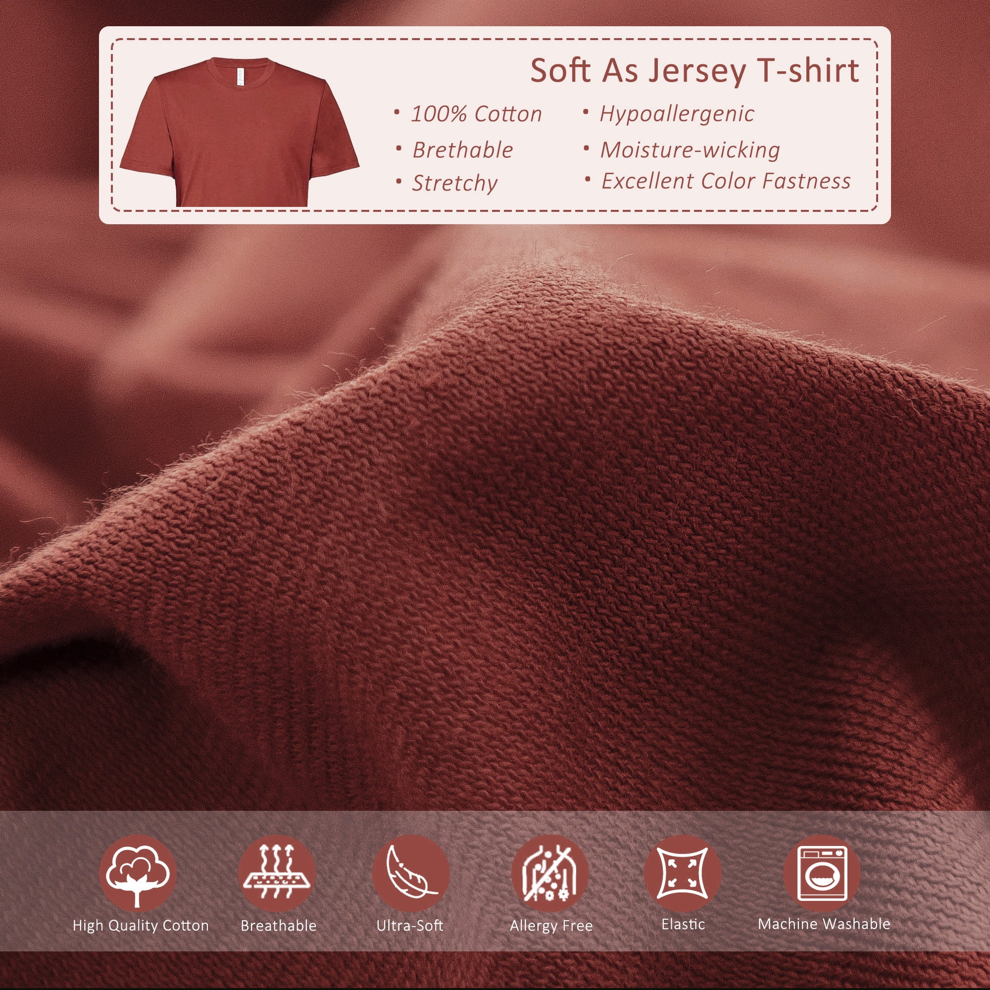 PURE ERA Duvet Cover Set Jersey Knit Solid 100% T-Shirt Cotton Ultra Soft 3pcs Bedding Set(Queen,Brick Red)