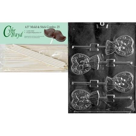 Bride And Groom Candy Molds - Cybrtrayd 45St25-W053 Heart Bride and Groom Lolly Wedding Chocolate Candy Mold with 25-Pack 4.5-Inch Lollipop Sticks