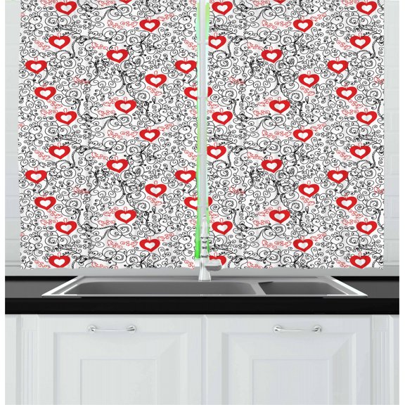 Ambesonne Valentines Kitchen Curtains, Romantic Hearty, 55"x39", Vermilion and Black