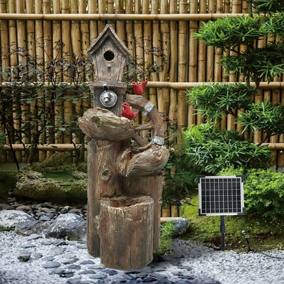 Solar/Adapter Selectable 3-Tier Bird Fountain - Outdoor LED Water Feature for Garden, Yard (38.2 inches)