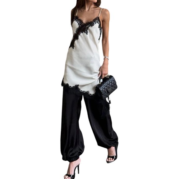 Elegant Silk Satin Camisole with Asymmetrical Lace Trim for Women, Perfect for Special Occasions White M