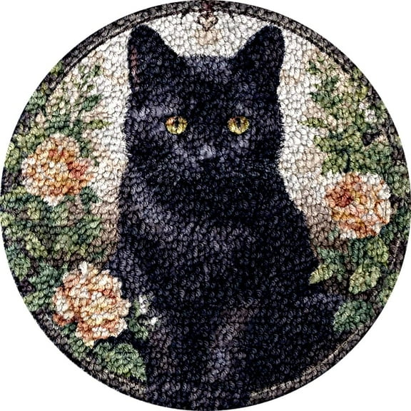 Black Cat Latch Hook kits Rug Pre-printed Round Shape DIY Crochet Yarn Embroidery Needlework Hook and Latch Kit Carpet Cushion Home Christmas Decoration 50x50cm(5)