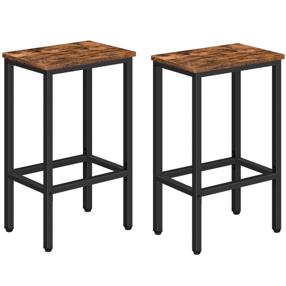 Set Of 2 Rustic Brown And Black Bar Stools, 29.5 Inch Counter Height, Industrial Style With Footrest