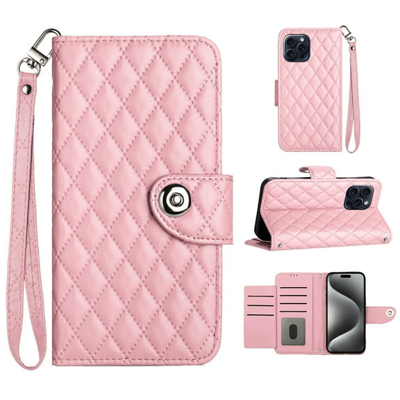 for iPhone 15 Pro Max Wallet Case, Elegant Card Holder Cash Slot PU Leather Kickstand Wrist Strap Shockproof Protective Flip Women Girls Case Cover for iPhone 15 Pro Max, Pink