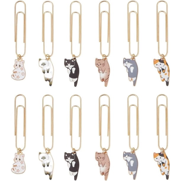 12 clips de papel con forma de gato, de aleación de 7,6 cm (3 pulgadas), con colgantes de gato. Clips metálicos para clasificar y organizar documentos y notas. 6 estilos diferentes.