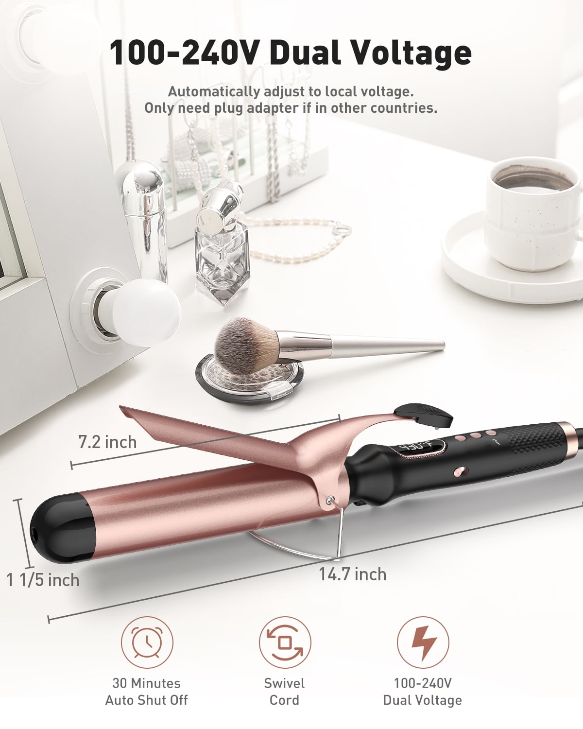 1 1/2 inch Curling Iron,100-240V Dual Voltage Culing Wand,Long Barrel Curling Iron Hair，Fast Heating Hair Curler with 12 Heat Settings with LED Display