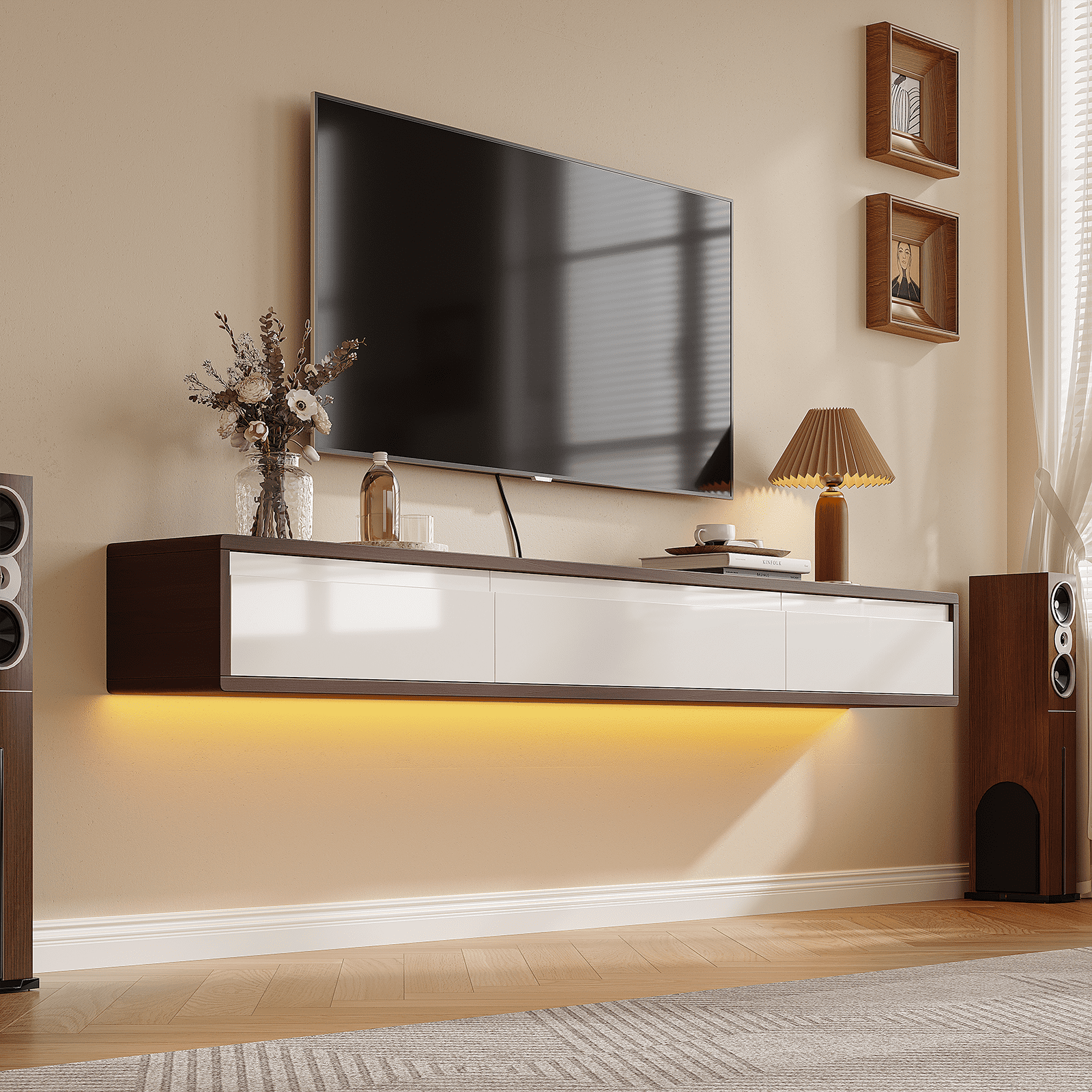 FloatiCasa 86" Floating TV Stand Wall Mounted Floating TV Shelf for TVs up to 90" Floating TV Console with 4 High Gloss Doors
