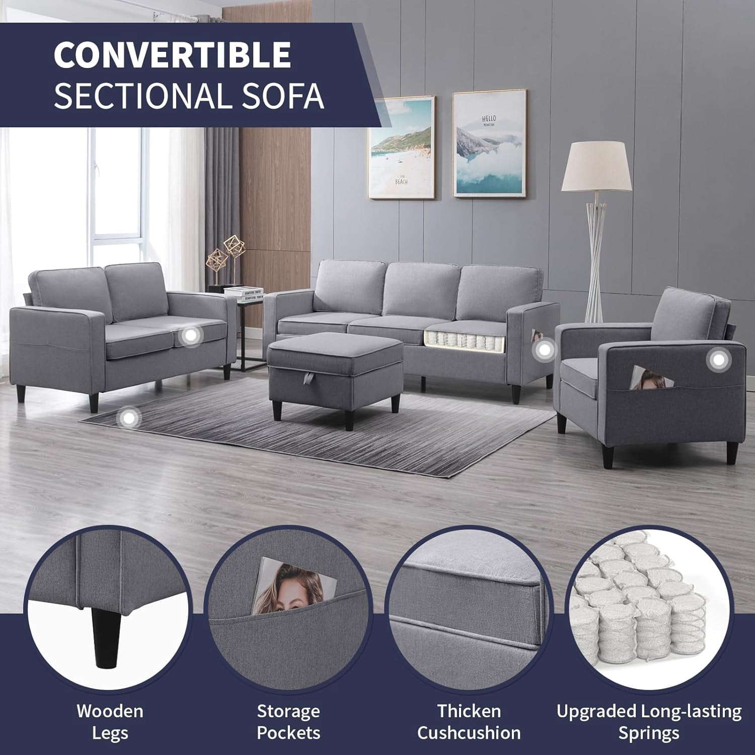ijuicy Sectional Sofa Set,3PCS Living Room Furniture Couch Sets with Movable Storage Ottoman,Include Sofa&Loveseat&Chair, Light Gray