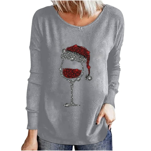 Black_Friday Cyber_Monday Deals Dianli Christmas Shirts for Women Long Sleeve Round Neck Christmas Wine Glass Print Shirt Womens Tops Fashion Loose Fit Blouse Soft Womens Fall Tops
