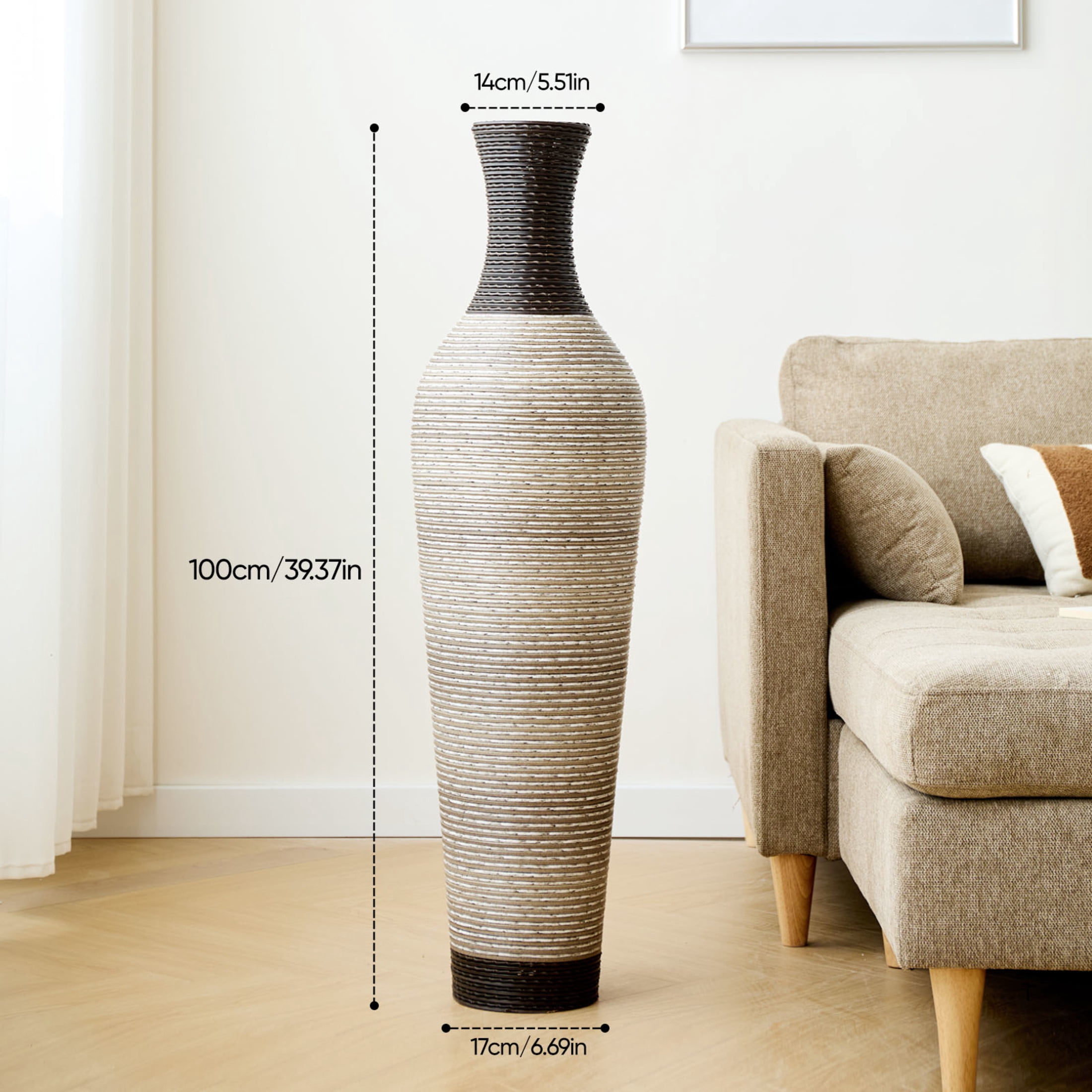 Noble House 39.37" Handmade PVC Floor Vase, Rustic Textured Decorative Vase, Black + Gray
